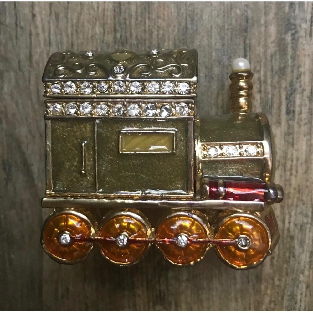 Vintage Enamel train Swarovski Bejewels trinket box with magnetic top-- PRISTINE